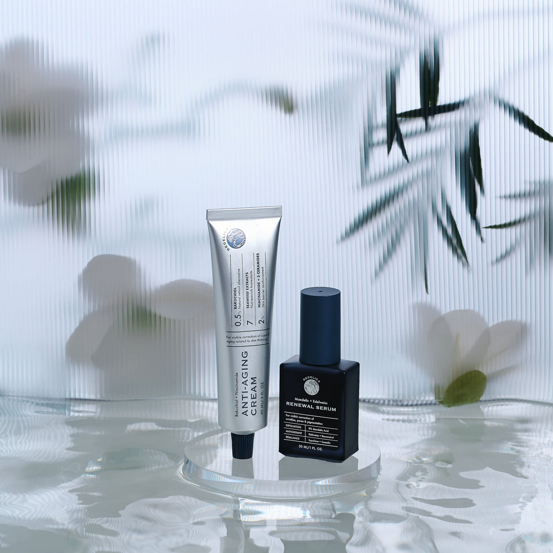 Regelica anti-aging set combined with Regelica Bakuchiol + Niacinamide Anti-aging Cream and  Mandelic + Edelweiss Renewal Serum