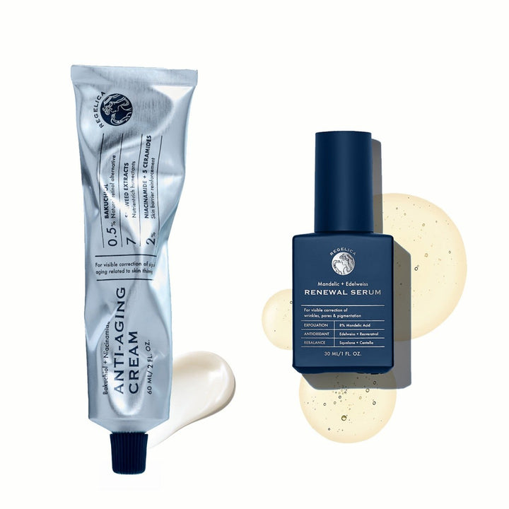 Wrinkled aluminum tube of Regelica Bakuchiol + Niacinamide Anti-aging Cream with cream texture on the background, Regelica Mandelic + Edelweiss Renewal Serum with its texture in the back