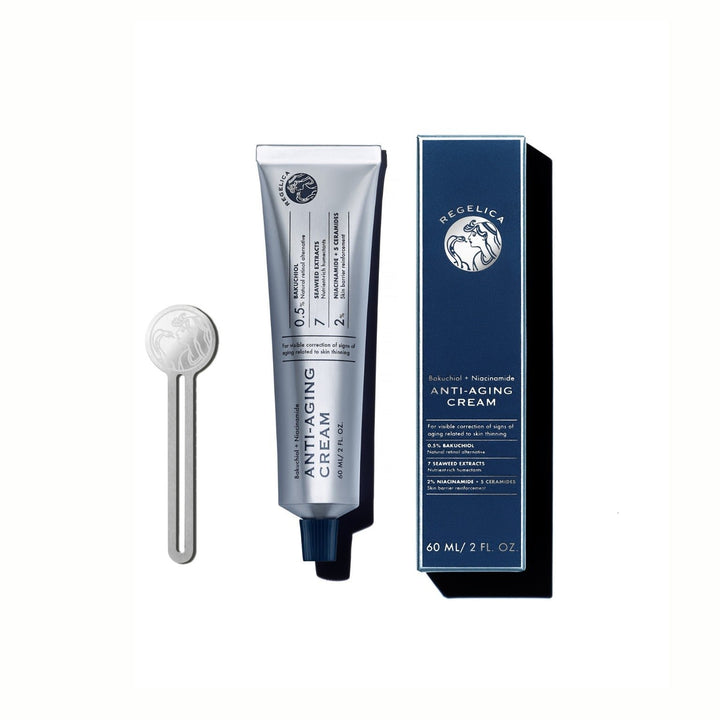 Regelica Bakuchiol + Niacinamide Anti-aging Cream in 100% aluminum tube along with its packaging and a complimentary tube wringer