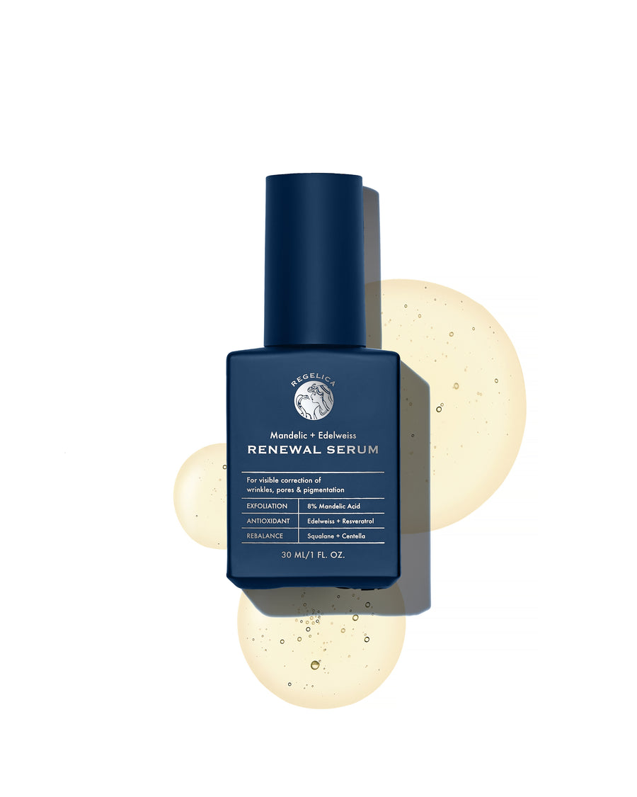 Regelica Mandelic + Edelweiss Renewal Serum in a dark navy bottle with its texture on the background