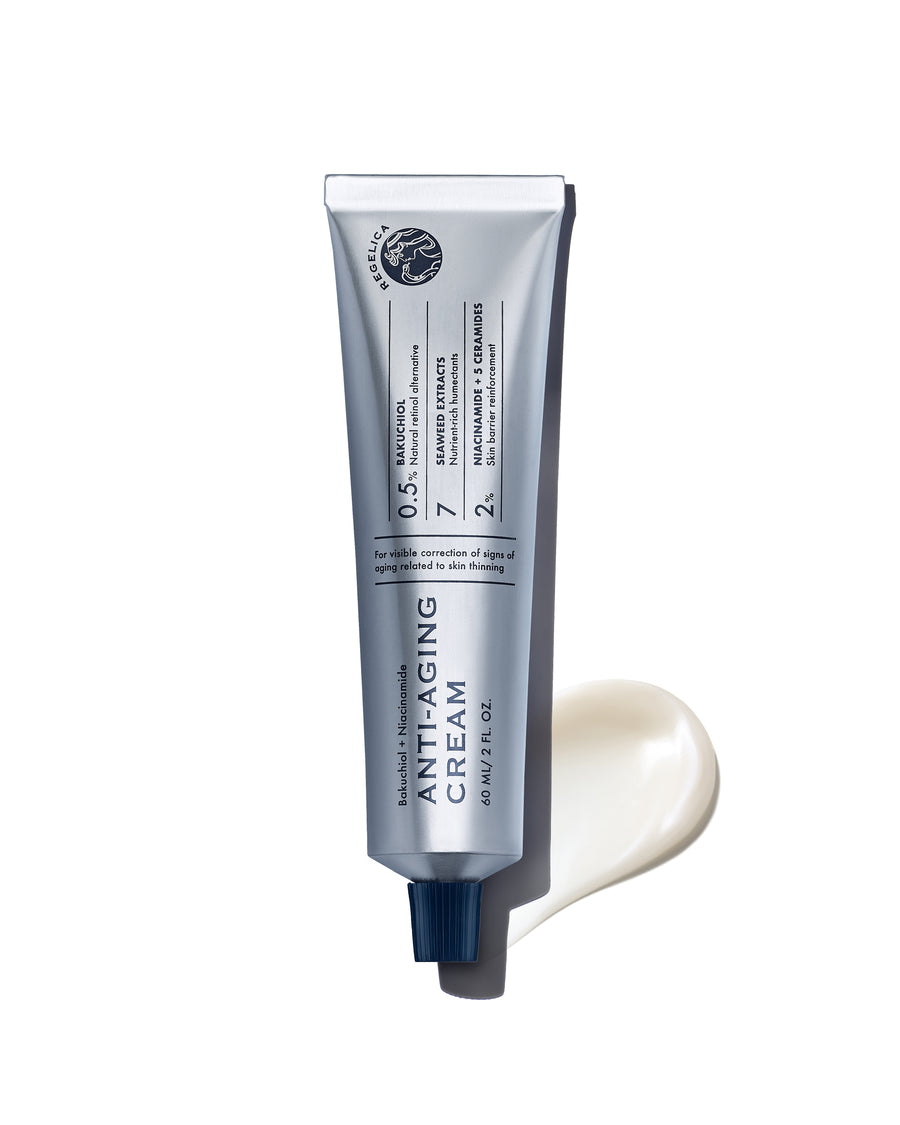 Regelica Bakuchiol + Niacinamide Anti-aging Cream in an 100% aluminum tube with its texture on the background